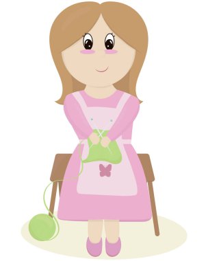 Elbiseli ve önlüklü anne bir bankta oturuyor ve yeşil iplikçiklerden örgü örüyor, vektör çizimi.