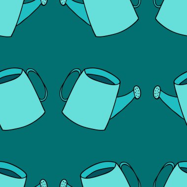 blue watering cans for garden and vegetable garden, vector seamless pattern on blue background, illustration in doodle style