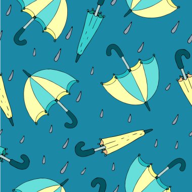 open yellow and blue umbrella with raindrops, vector seamless pattern on light blue background, doodle style illustration