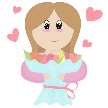 Pembe elbiseli anne bayram için kocaman bir buket çiçek tutuyor. Anneler günü, kadınlar günü, düz bir şekilde vektör çizimi.