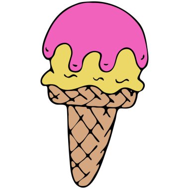 Dondurmalı taze waffle külahı, siyah çizgili vektör rengi karalama elementi.