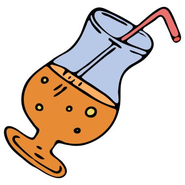 pipetli güzel turuncu kokteyl bardağı - canlandırıcı içecek, vektör rengi karalama elementi siyah hatlı