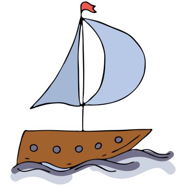 Tekne mavi yelkenli, vektör renk karalama elementi siyah çizgili