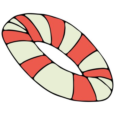 Denizde ya da havuzda yüzmek için beyaz kırmızı şişirilebilir daire, siyah çizgili vektör rengi karalama elementi