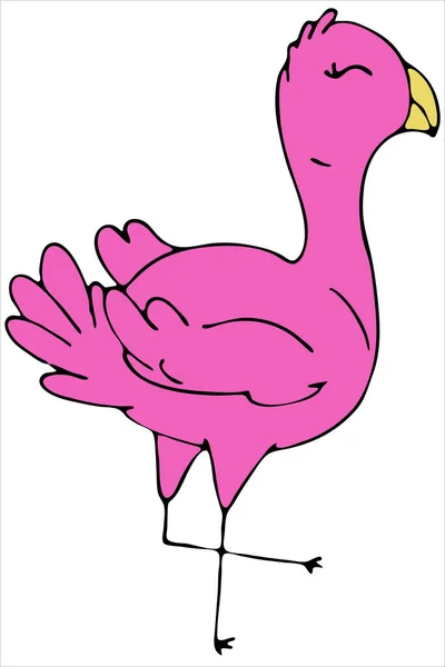 粉色可爱的火烈鸟 夏季插图 矢量彩色涂鸦元素与黑色轮廓 — 图库矢量图片