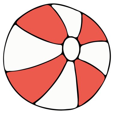 Plajda aktif oyunlar için beyaz kırmızı şişirilebilir top, siyah çizgili vektör renk karalama ögesi