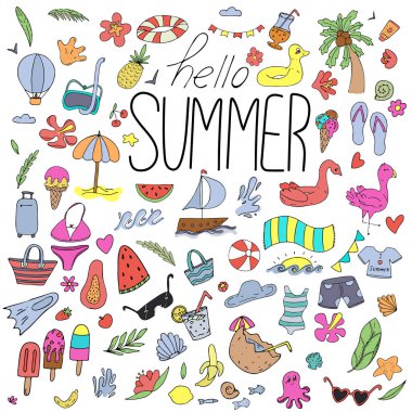 Merhaba yaz, yaz ürünleri seti - ağaç, mayo, şişme daire, siyah çizgili vektör kümesi