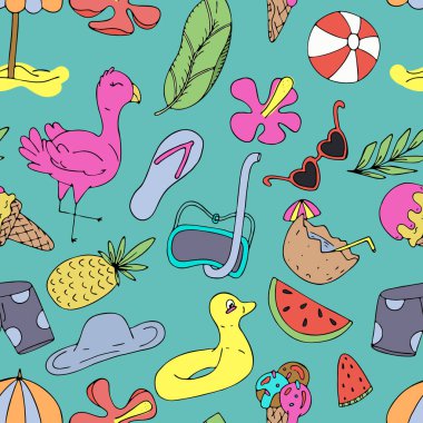 Yaz, yaz öğeleri seti - ağaç, mayo, vektörsüz karalama elementleri deseni mavi arkaplan üzerinde siyah çizgili