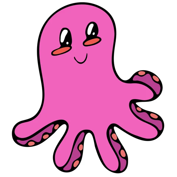 Pink Cute Octopus Sea Dweller Summer Illustration Vector Color Doodle — Stock Vector