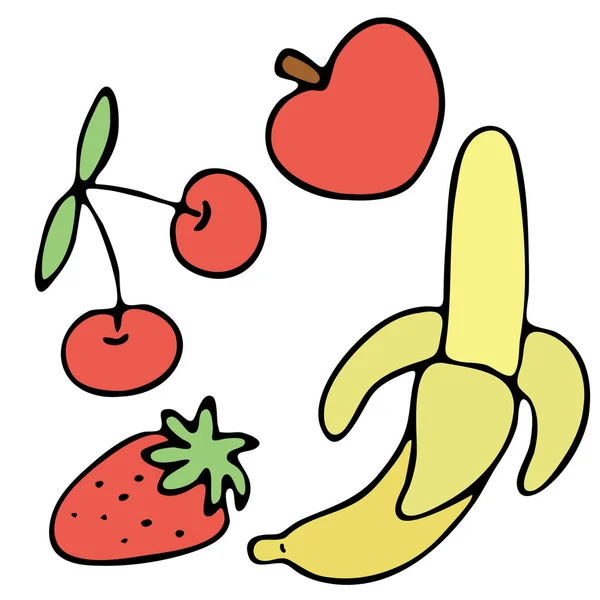 Rote Und Gelbe Erdbeeren Kirschen Äpfel Bananen Vektorfarbenes Doodle Element — Stockvektor