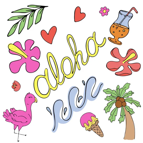 Aloha Blommor Palmer Gor Vektor Uppsättning Rgade Doodle Element Med — Stock vektor