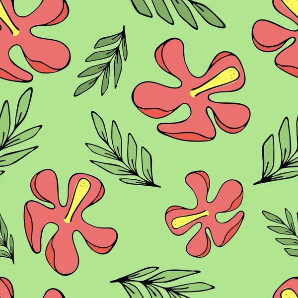 Jogo Folhas Verdes Tropicais Verdes Flores Vermelhas Hibisco Teste Padrão — Vetor de Stock
