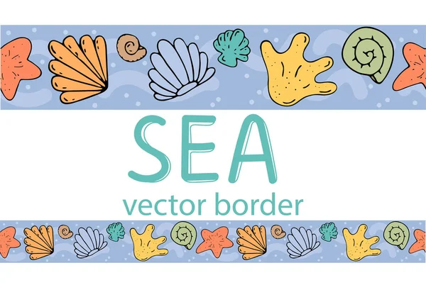 Colorful Cute Seashells Vector Seamless Horizontal Border Black Outline — Stock Vector