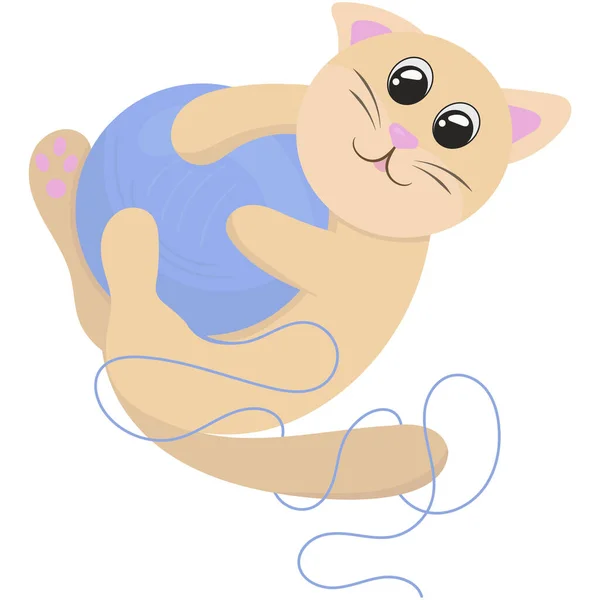 Niedliches Beiges Kätzchen Das Mit Einem Blauen Fadenball Spielt Vektor — Stockvektor