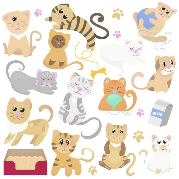 Gran Conjunto Gatitos Lindos Sus Juguetes Ilustración Vectorial Estilo Plano — Vector de stock