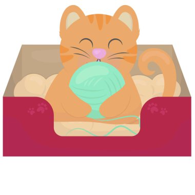 cute ginger kitten playing with a ball of thread in his crib on a litter, vector illustration in a flat style, pet
