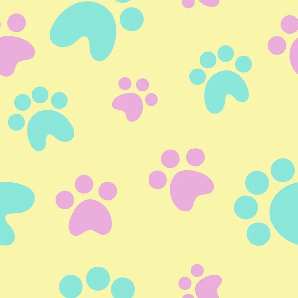Cute Cat Paw Prints Pink Blue Footprints Yellow Background Vector — Wektor stockowy