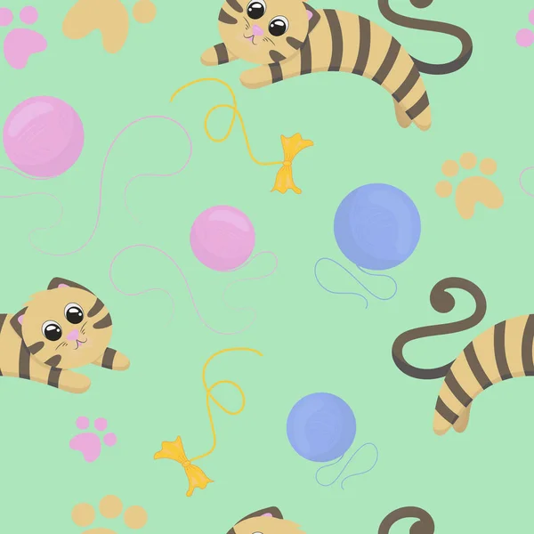 Cute Kittens Playing Ball Thread Jumping Green Background Vector Illustration — Wektor stockowy