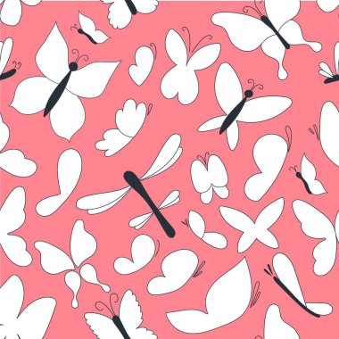 Uçuşta beyaz kanatlı sevimli kelebekler ve yusufçuklar. Pembe arka planda çizgileri olan düz şekilli vektörsüz desen.