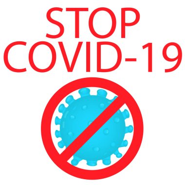 Kırmızı çemberin üzerini çizen büyük mavi koronavirüs, hastalık virüsü, düz şekilde vektör çizimi, covid-19 'u durdur.