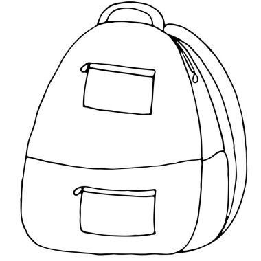 Sırtında cepleri olan okul çantası, karalama tarzında vektör çizimi, siyah çizgili, boyama kitabı