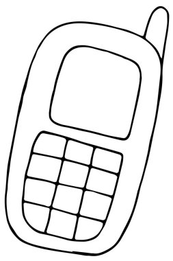 Arama ve iletişim için düğmeli, ekranlı ve antenli telefon, karalama biçiminde vektör illüstrasyonu siyah hatlı, boyama kitabı