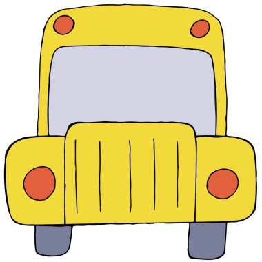 Sarı okul otobüsü, siyah hatlı karalama stilinde renk vektör illüstrasyonu