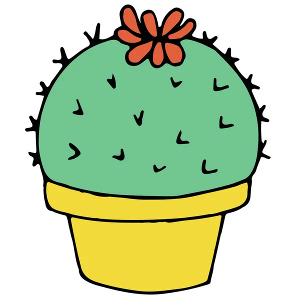 Green Cactus Pot Flower Needles Color Vector Illustration Doodle Style — Stock Vector