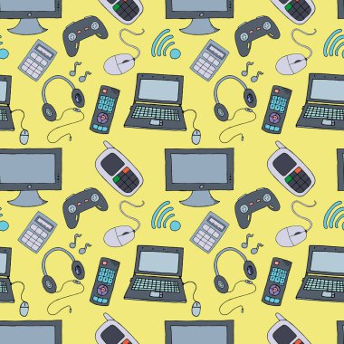 bilgisayar, dizüstü bilgisayar, oyun kumandası ve kulaklıklar sarı arkaplanda, vektör renksiz desen karalama stilinde