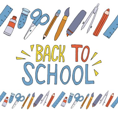 kırtasiye - makas, fırça, kalem, pusula, cetvel, vektörsüz yatay kenar karalama biçiminde siyah çizgili