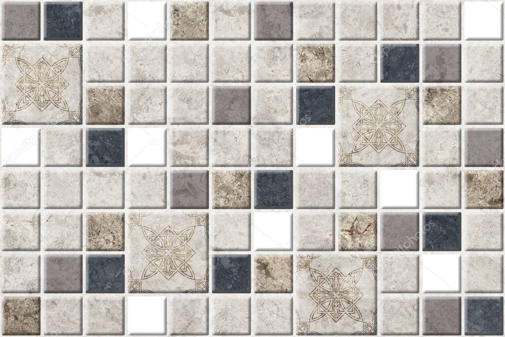 Decorative ceramic tiles with natural stone texture. Marble mosaic, element for interior design. Background texture