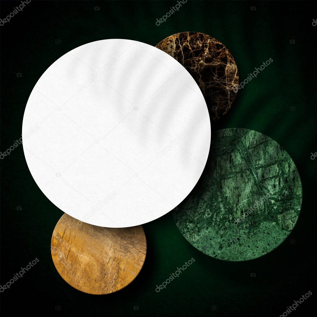 Template for the message. Abstract background with circles with a texture of natural colored marble. Place for text. 3D illustration