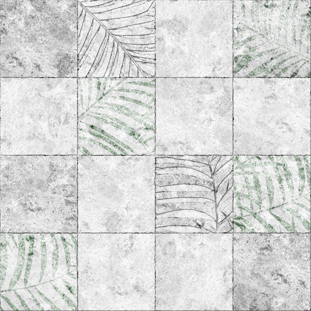 Decorative stone tiles with tropical leaves pattern and natural marble texture. Element for design. Background texture