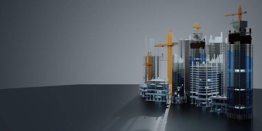 İnşaat alanının gece manzarası. Bitmemiş gökdelenler ve vinçler. İnşaat konsepti. 3 boyutlu illüstrasyon. Boşluğu kopyala