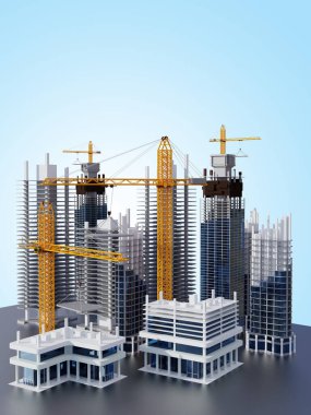 Modern binaların inşaat süreci. İnşaat konsepti. 3d illüstrasyon
