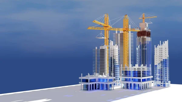İnşaat konsepti. Modern gökdelenlerin gelişim süreci. 3d illüstrasyon