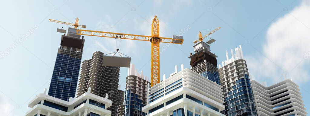 Construction of a new city. Panoramic view of a construction site with unfinished buildings and cranes. 3d illustration