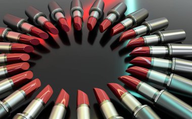 Ruj, ortadaki metin için yeri olan bir dairede düzenlenir. Göz kamaştırıcı bir geçmiş. Dudak estetiği. 3d illüstrasyon
