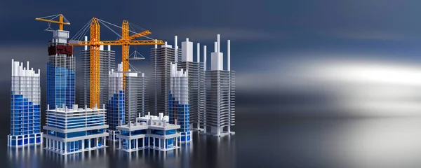 Construction concept. Construction site with cranes and unfinished modern buildings. Banner. Place for your text. 3d illustration