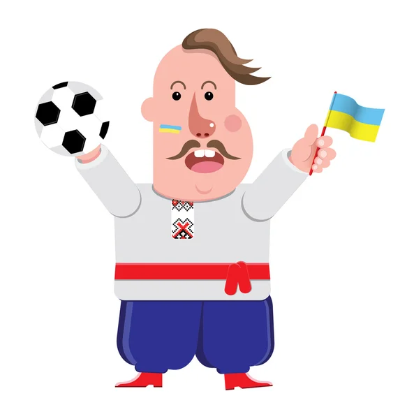 Cosaque ukrainien avec le ballon de football et le drapeau de l'Ukraine — Image vectorielle