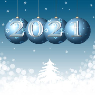 Yeni yılın arka planının bir yansıması. 2021 'de kar ve balonların ortasında