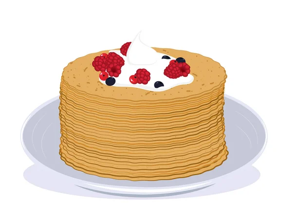 Illustration Stack Pancakes Covered Sour Cream Berries — Stock Vector