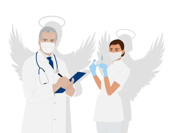 Illustration Two Doctors Man Masked Woman Vaccine Doctors Angels — Stock Vector