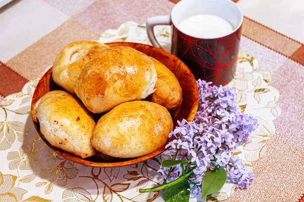 Homemade Pastries Delicious Close Pies Glass Milk Breakfast — Stock Photo, Image