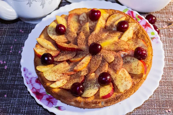 Delicious Pie Nectarine Cherry Close Nice Tea Party — Stock Photo, Image