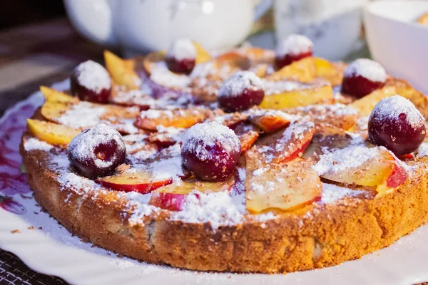 Delicious Pie Nectarine Cherry Close Nice Tea Party — Stock Photo, Image