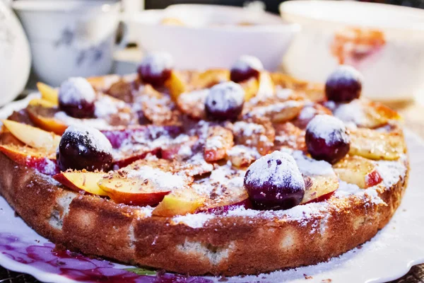 Delicious Pie Nectarine Cherry Close Nice Tea Party — Stock Photo, Image