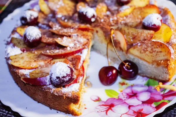 Delicious Pie Nectarine Cherry Close Nice Tea Party — Stock Photo, Image