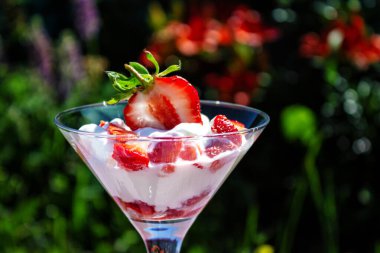 Lezzetli sağlıklı kahvaltı. Yakın plan bardakta çilekli yoğurt. Sağlıklı beslenme.