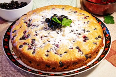 Pie with black currant berries sprinkled with powdered sugar close-up. Delicious pastries.